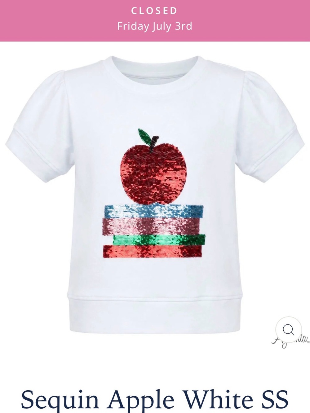 White Short Sleeve Kids Tee with Red Sequin Apple